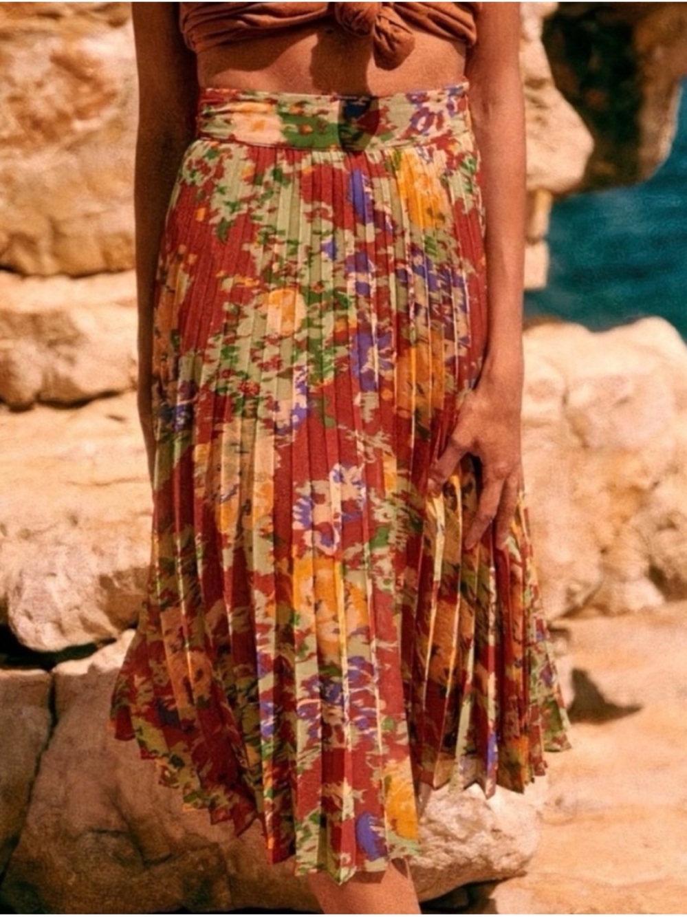 Sezane Dino Floral Pleated Midi Skirt